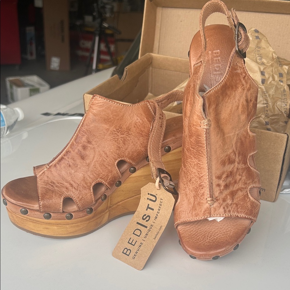 Bed Stu Tan Leather Wood-Platform Wedge Sandals